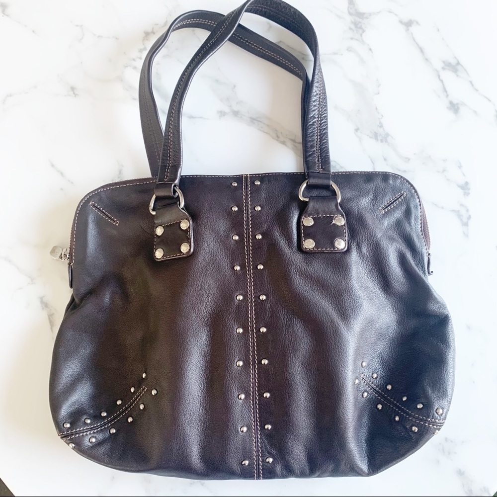 PRÜNE Chocolate Brown Silver Studded Leather Tote